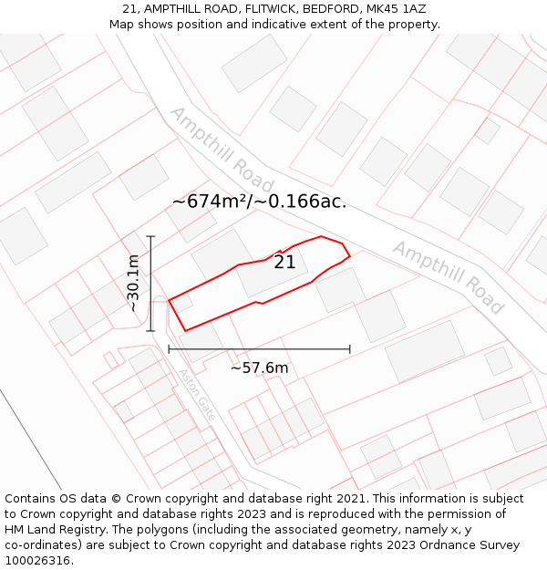 21, AMPTHILL ROAD, FLITWICK, BEDFORD, MK45 1AZ: Plot and title map