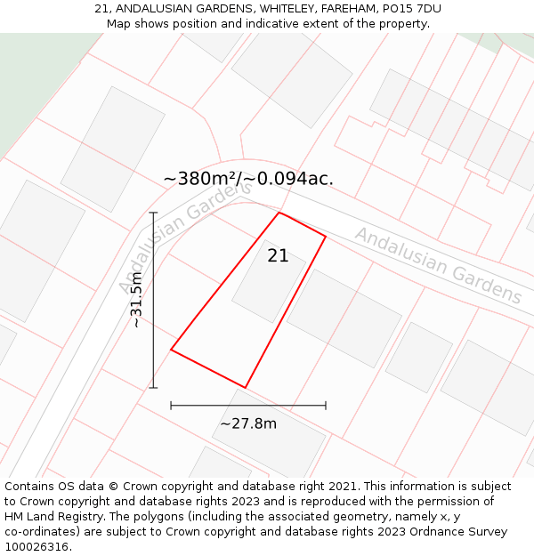 21, ANDALUSIAN GARDENS, WHITELEY, FAREHAM, PO15 7DU: Plot and title map