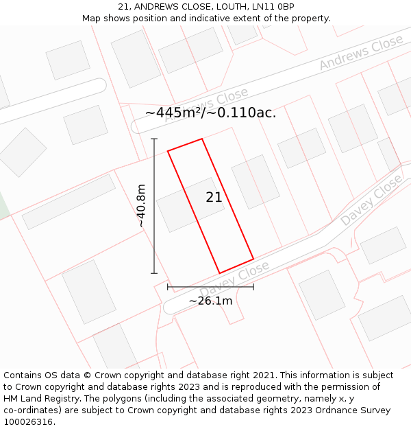 21, ANDREWS CLOSE, LOUTH, LN11 0BP: Plot and title map