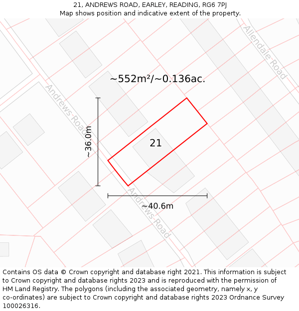 21, ANDREWS ROAD, EARLEY, READING, RG6 7PJ: Plot and title map