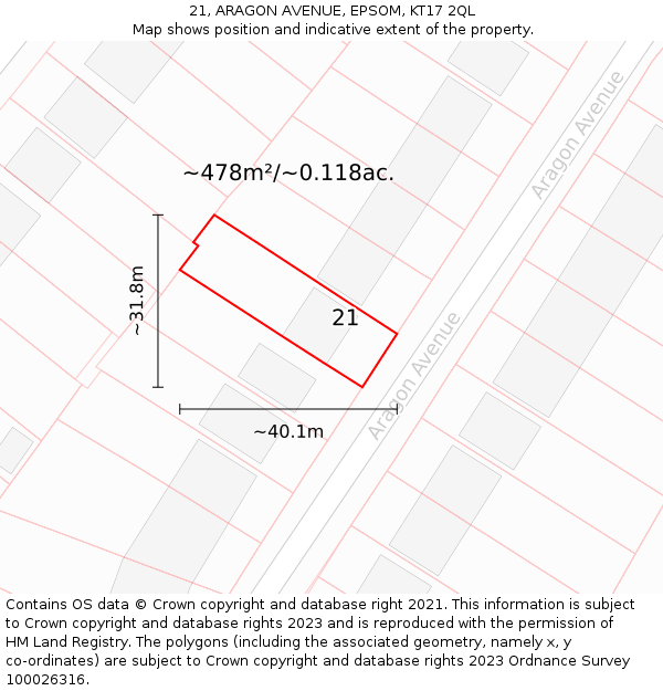 21, ARAGON AVENUE, EPSOM, KT17 2QL: Plot and title map