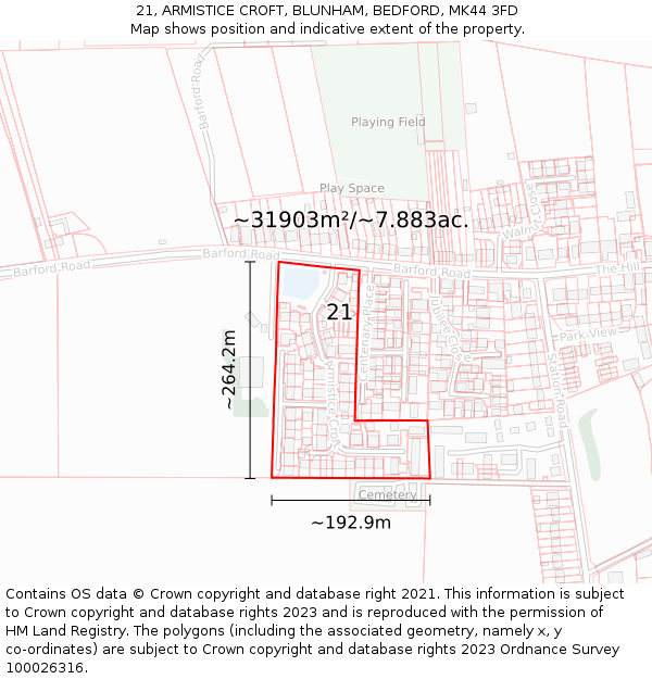 21, ARMISTICE CROFT, BLUNHAM, BEDFORD, MK44 3FD: Plot and title map