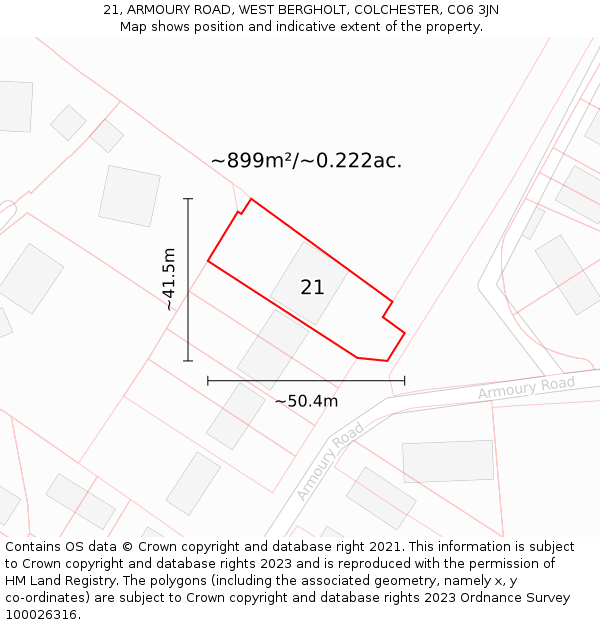 21, ARMOURY ROAD, WEST BERGHOLT, COLCHESTER, CO6 3JN: Plot and title map