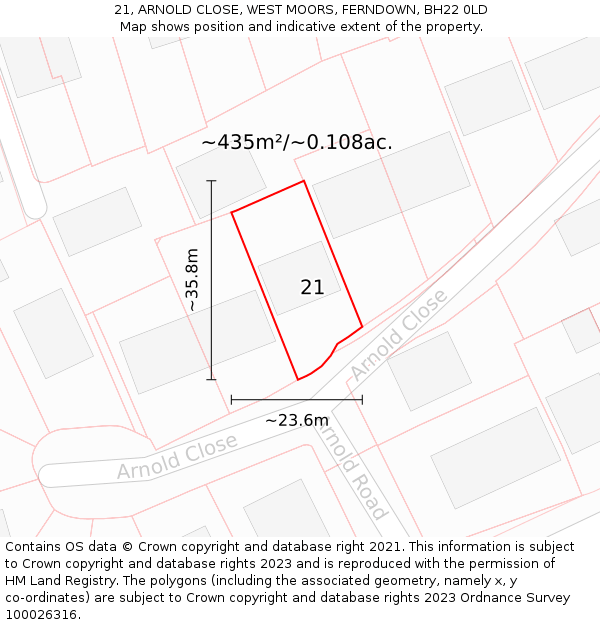 21, ARNOLD CLOSE, WEST MOORS, FERNDOWN, BH22 0LD: Plot and title map