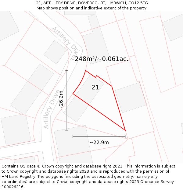 21, ARTILLERY DRIVE, DOVERCOURT, HARWICH, CO12 5FG: Plot and title map