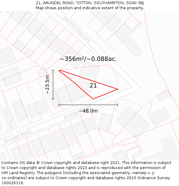 21, ARUNDEL ROAD, TOTTON, SOUTHAMPTON, SO40 3BJ: Plot and title map