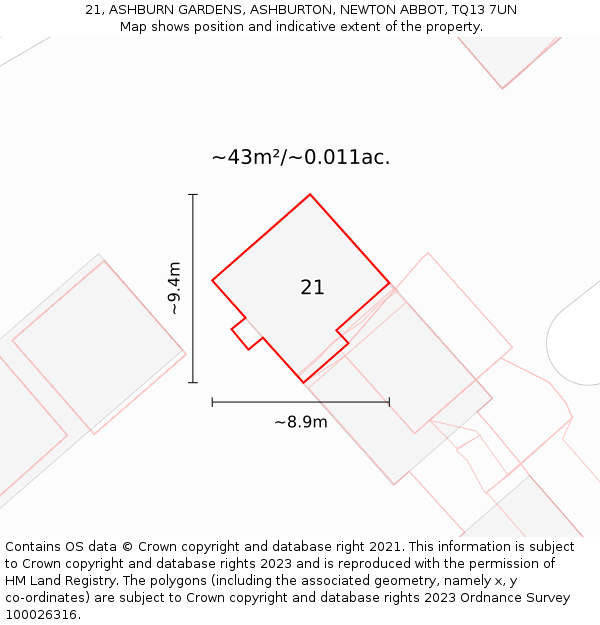 21, ASHBURN GARDENS, ASHBURTON, NEWTON ABBOT, TQ13 7UN: Plot and title map