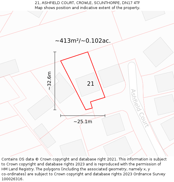 21, ASHFIELD COURT, CROWLE, SCUNTHORPE, DN17 4TF: Plot and title map