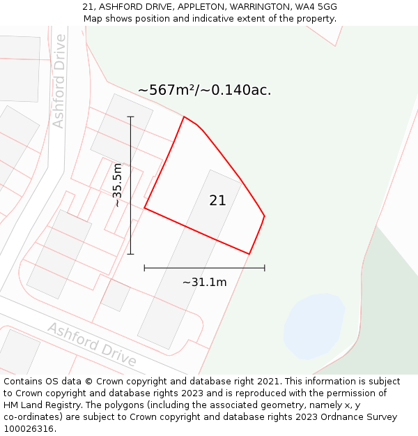 21, ASHFORD DRIVE, APPLETON, WARRINGTON, WA4 5GG: Plot and title map