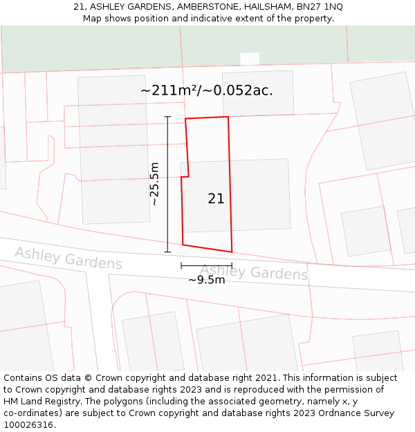 21, ASHLEY GARDENS, AMBERSTONE, HAILSHAM, BN27 1NQ: Plot and title map