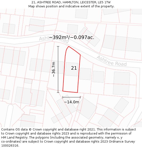 21, ASHTREE ROAD, HAMILTON, LEICESTER, LE5 1TW: Plot and title map