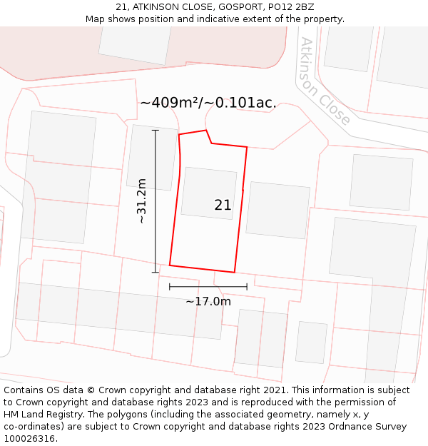 21, ATKINSON CLOSE, GOSPORT, PO12 2BZ: Plot and title map