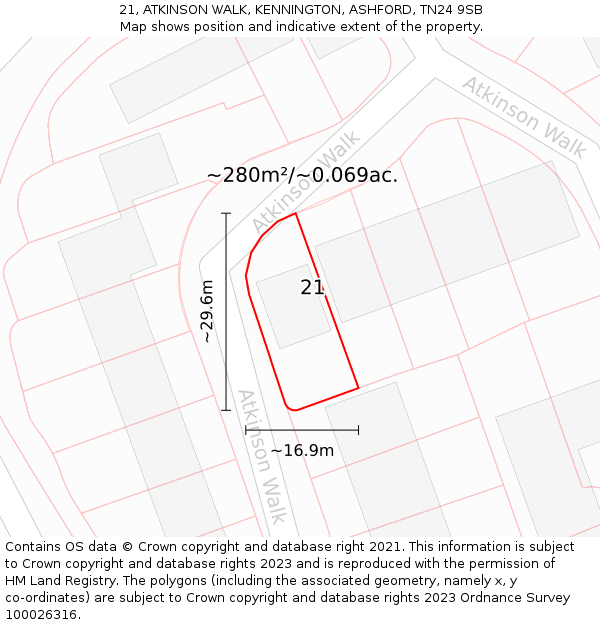 21, ATKINSON WALK, KENNINGTON, ASHFORD, TN24 9SB: Plot and title map