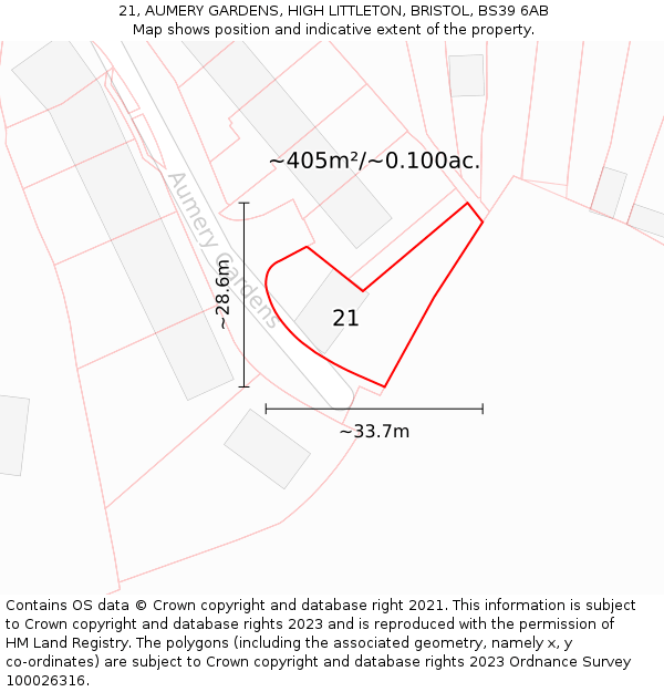 21, AUMERY GARDENS, HIGH LITTLETON, BRISTOL, BS39 6AB: Plot and title map