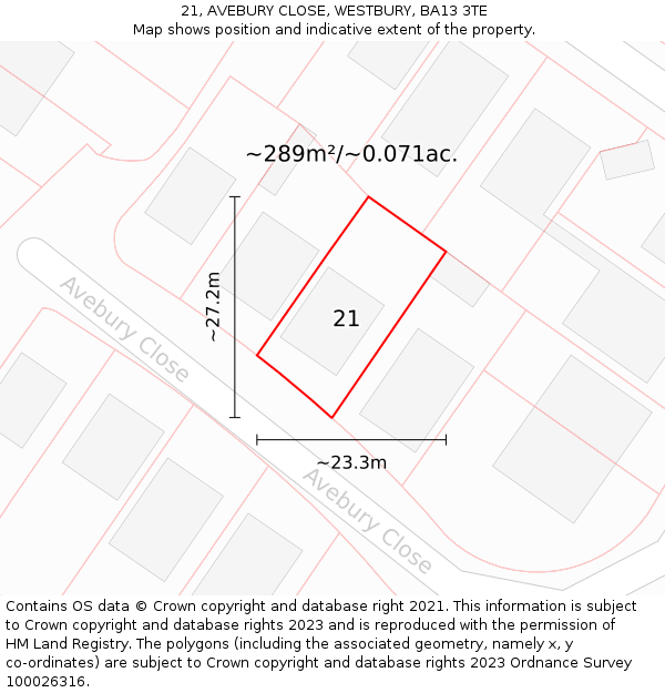 21, AVEBURY CLOSE, WESTBURY, BA13 3TE: Plot and title map