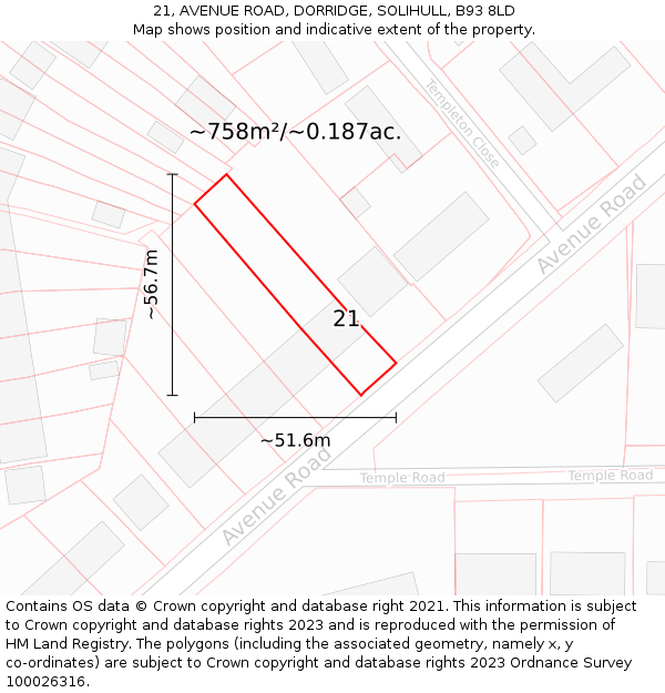 21, AVENUE ROAD, DORRIDGE, SOLIHULL, B93 8LD: Plot and title map