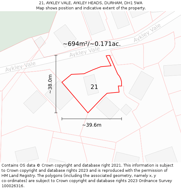 21, AYKLEY VALE, AYKLEY HEADS, DURHAM, DH1 5WA: Plot and title map