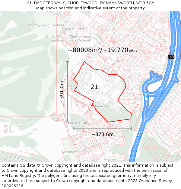 21, BADGERS WALK, CHORLEYWOOD, RICKMANSWORTH, WD3 5GA: Plot and title map