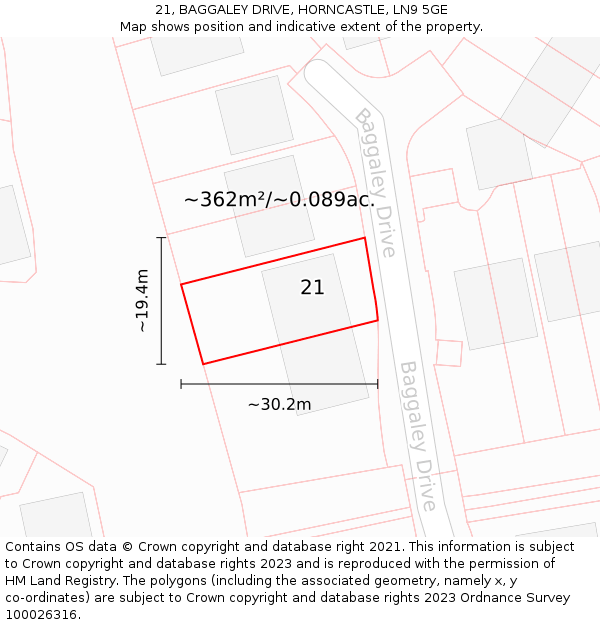 21, BAGGALEY DRIVE, HORNCASTLE, LN9 5GE: Plot and title map