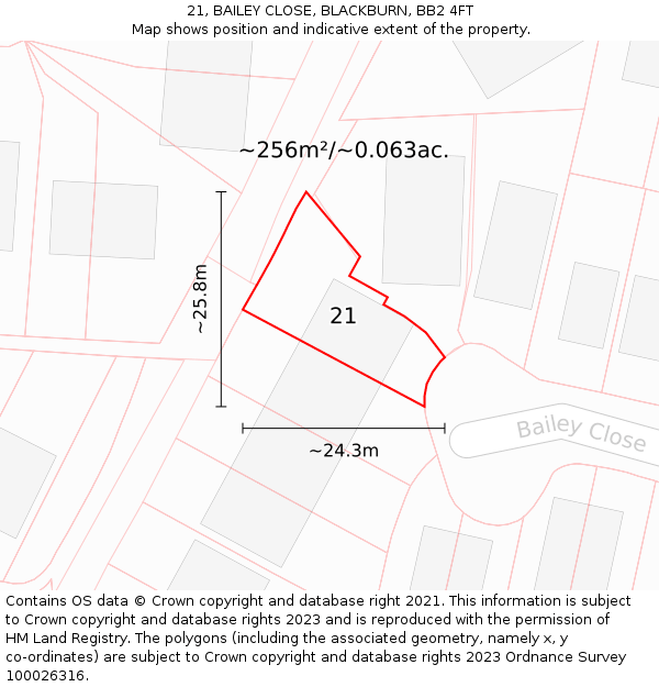 21, BAILEY CLOSE, BLACKBURN, BB2 4FT: Plot and title map