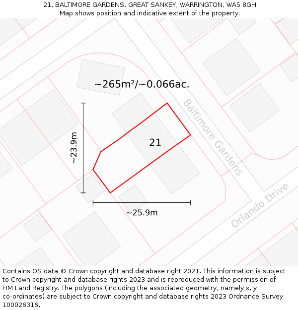 21, BALTIMORE GARDENS, GREAT SANKEY, WARRINGTON, WA5 8GH: Plot and title map