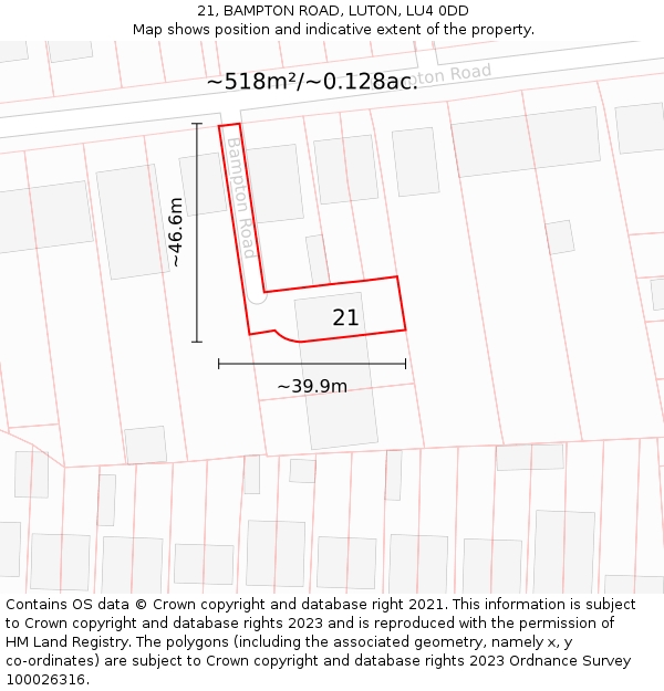 21, BAMPTON ROAD, LUTON, LU4 0DD: Plot and title map