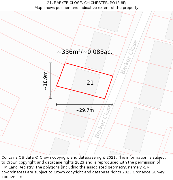 21, BARKER CLOSE, CHICHESTER, PO18 8BJ: Plot and title map