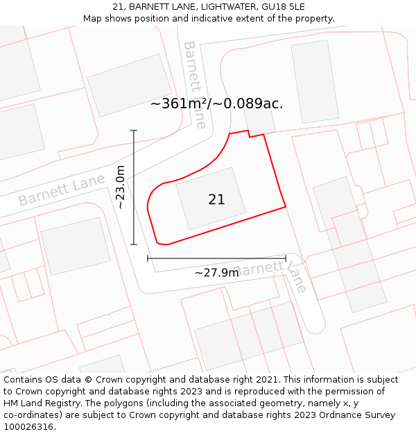 21, BARNETT LANE, LIGHTWATER, GU18 5LE: Plot and title map