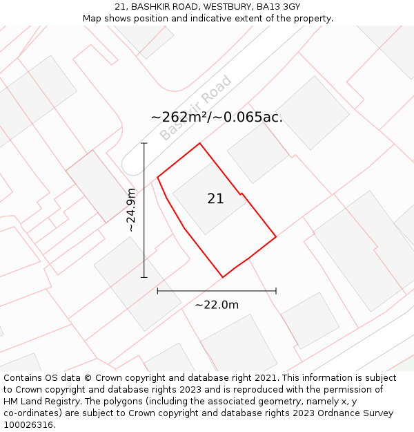 21, BASHKIR ROAD, WESTBURY, BA13 3GY: Plot and title map