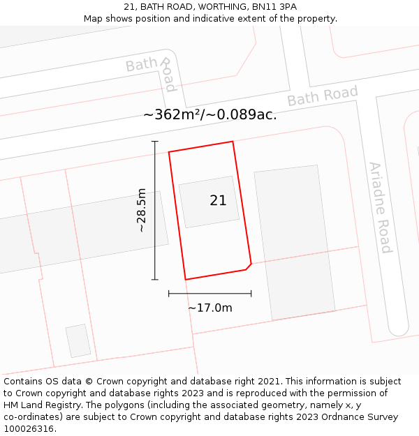 21, BATH ROAD, WORTHING, BN11 3PA: Plot and title map