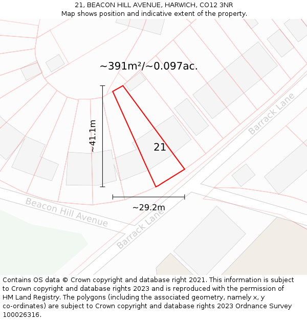 21, BEACON HILL AVENUE, HARWICH, CO12 3NR: Plot and title map