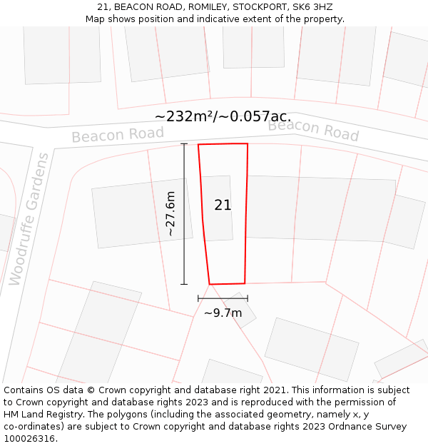 21, BEACON ROAD, ROMILEY, STOCKPORT, SK6 3HZ: Plot and title map