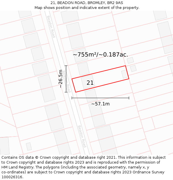 21, BEADON ROAD, BROMLEY, BR2 9AS: Plot and title map