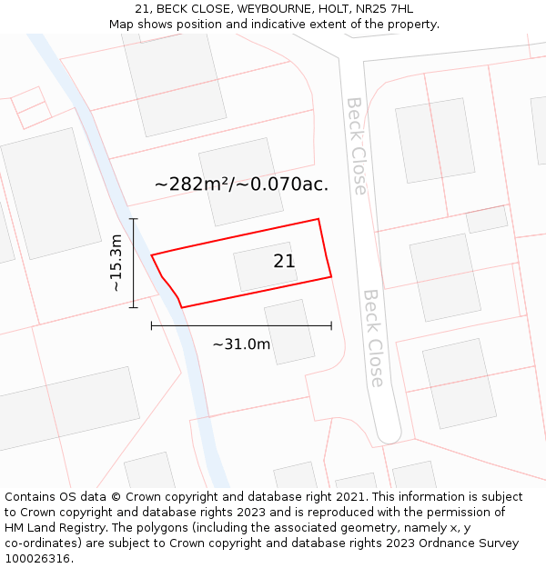 21, BECK CLOSE, WEYBOURNE, HOLT, NR25 7HL: Plot and title map