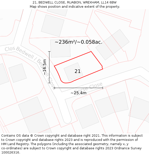 21, BEDWELL CLOSE, RUABON, WREXHAM, LL14 6BW: Plot and title map