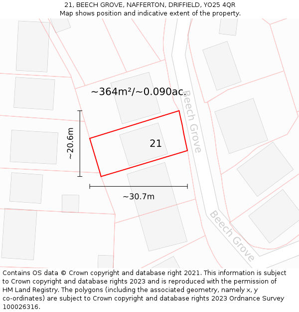 21, BEECH GROVE, NAFFERTON, DRIFFIELD, YO25 4QR: Plot and title map