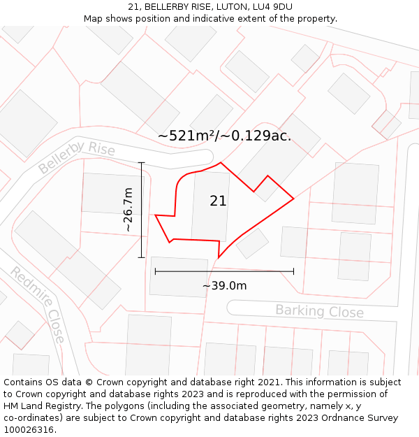 21, BELLERBY RISE, LUTON, LU4 9DU: Plot and title map