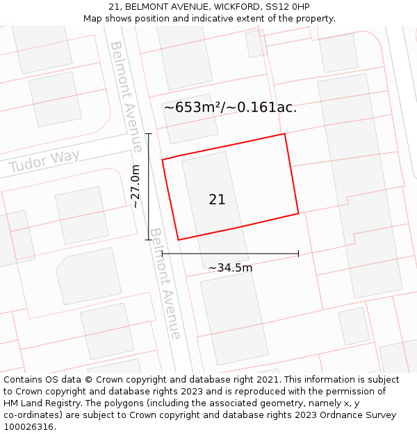 21, BELMONT AVENUE, WICKFORD, SS12 0HP: Plot and title map