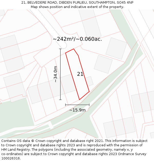 21, BELVEDERE ROAD, DIBDEN PURLIEU, SOUTHAMPTON, SO45 4NP: Plot and title map