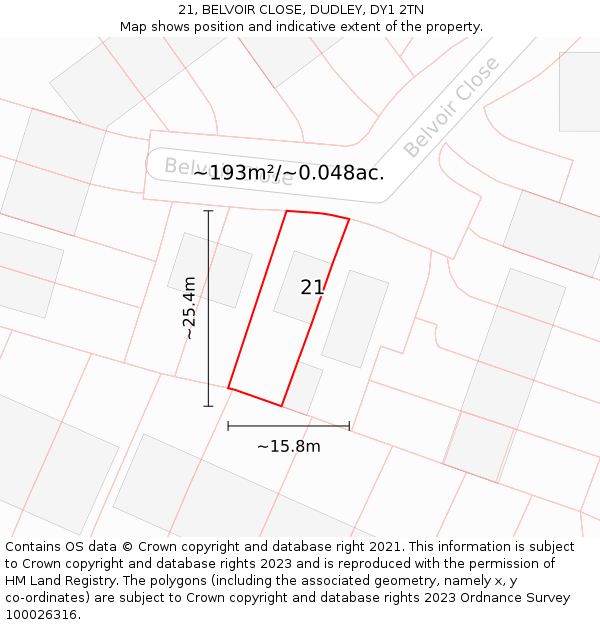 21, BELVOIR CLOSE, DUDLEY, DY1 2TN: Plot and title map