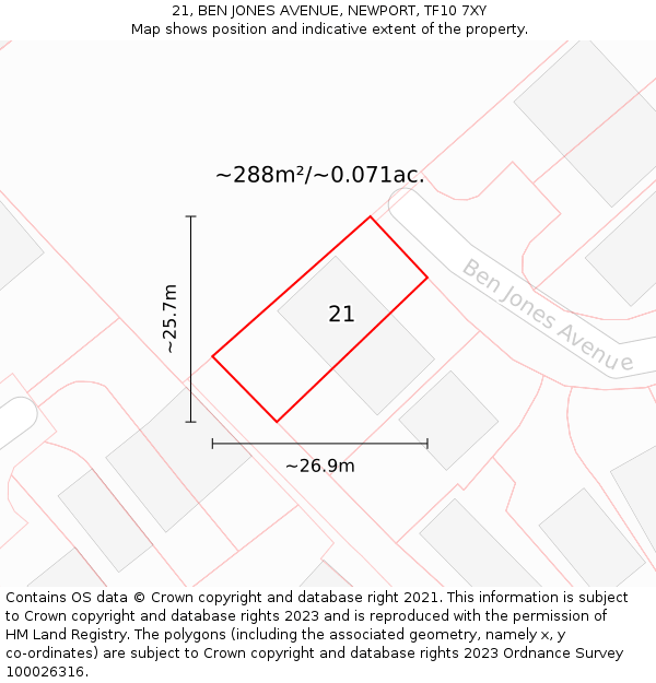 21, BEN JONES AVENUE, NEWPORT, TF10 7XY: Plot and title map