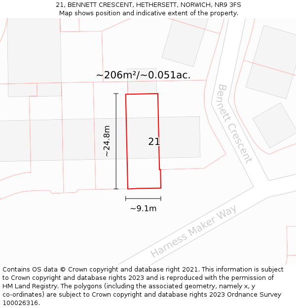 21, BENNETT CRESCENT, HETHERSETT, NORWICH, NR9 3FS: Plot and title map