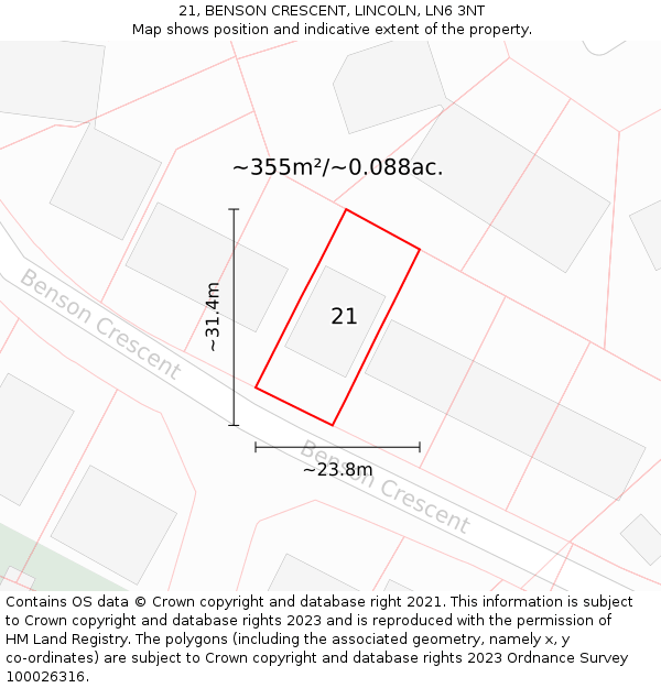 21, BENSON CRESCENT, LINCOLN, LN6 3NT: Plot and title map