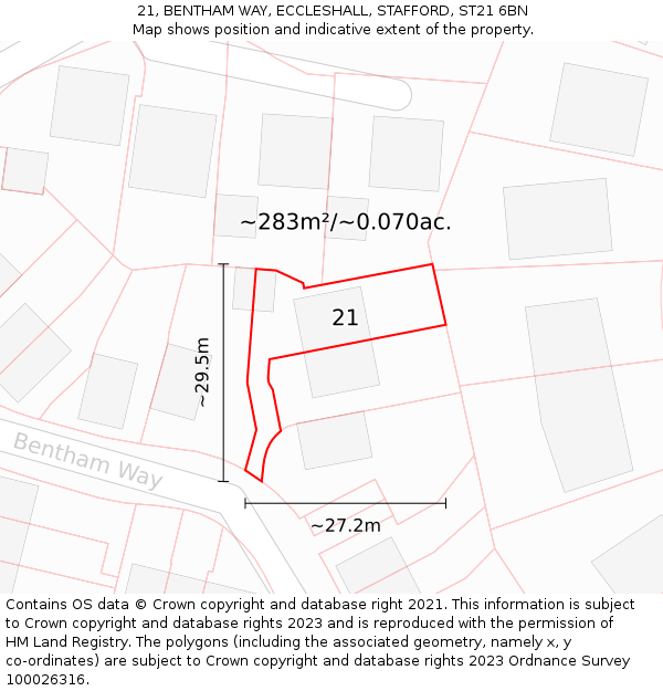 21, BENTHAM WAY, ECCLESHALL, STAFFORD, ST21 6BN: Plot and title map