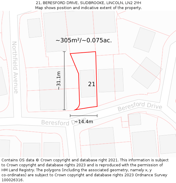 21, BERESFORD DRIVE, SUDBROOKE, LINCOLN, LN2 2YH: Plot and title map