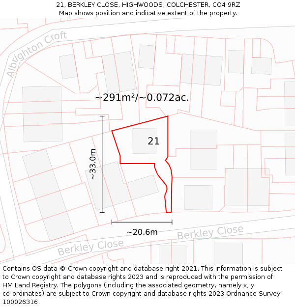 21, BERKLEY CLOSE, HIGHWOODS, COLCHESTER, CO4 9RZ: Plot and title map