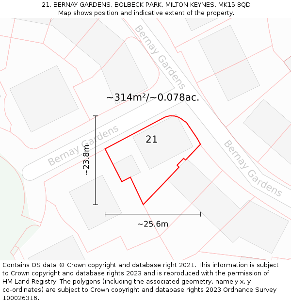 21, BERNAY GARDENS, BOLBECK PARK, MILTON KEYNES, MK15 8QD: Plot and title map