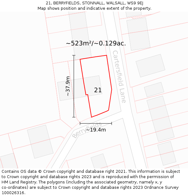 21, BERRYFIELDS, STONNALL, WALSALL, WS9 9EJ: Plot and title map