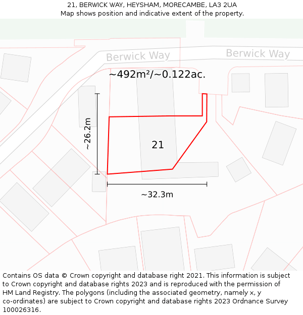 21, BERWICK WAY, HEYSHAM, MORECAMBE, LA3 2UA: Plot and title map