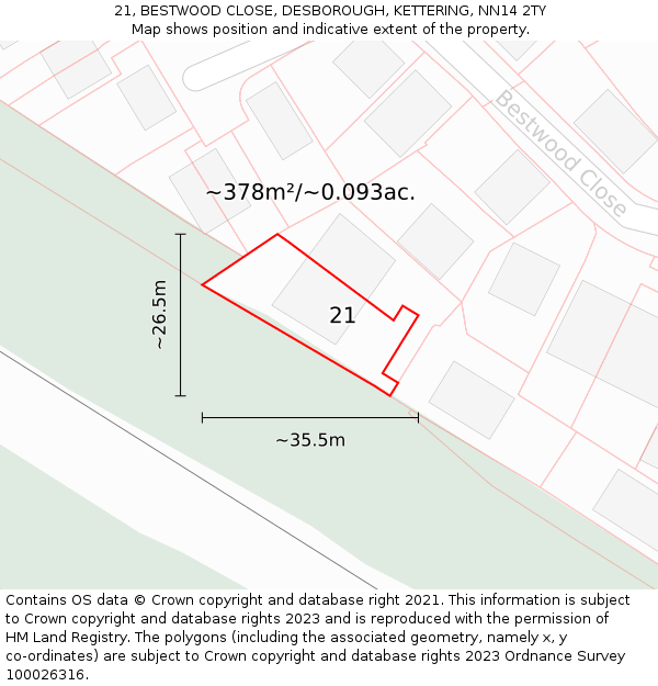 21, BESTWOOD CLOSE, DESBOROUGH, KETTERING, NN14 2TY: Plot and title map